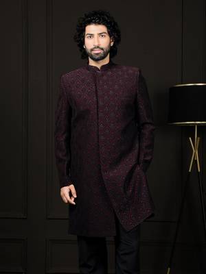 Men'S Wine Silk Blend Sherwani Only Top 1