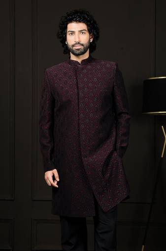 Men'S Wine Silk Blend Sherwani Only Top