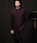Men'S Wine Silk Blend Sherwani Only Top