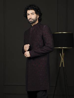 Men'S Wine Silk Blend Sherwani Only Top 2