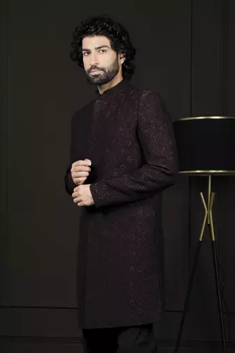 Men'S Wine Silk Blend Sherwani Only Top