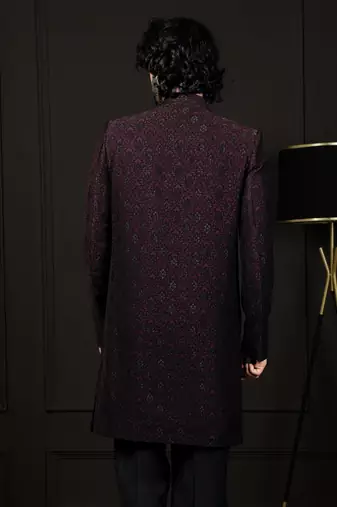 Men'S Wine Silk Blend Sherwani Only Top