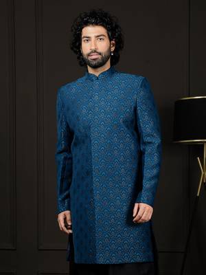 Men'S Turquoise Silk Blend Sherwani Only Top 1