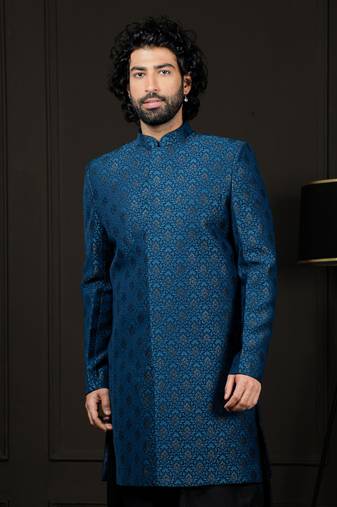 Men'S Turquoise Silk Blend Sherwani Only Top