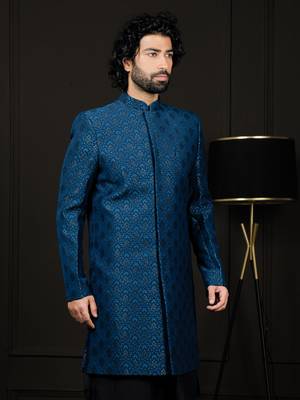 Men'S Turquoise Silk Blend Sherwani Only Top 2