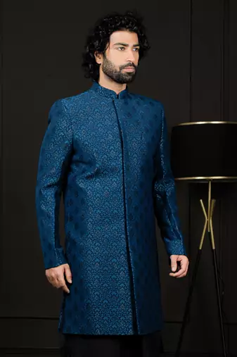 Men'S Turquoise Silk Blend Sherwani Only Top