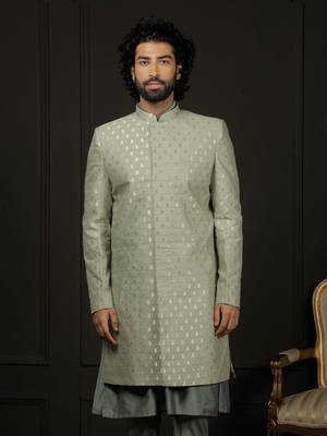Men'S Green Silk Blend Sherwani Only Top 1