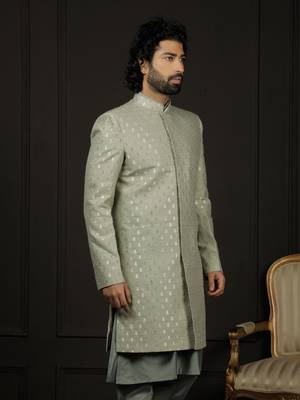 Men'S Green Silk Blend Sherwani Only Top 2