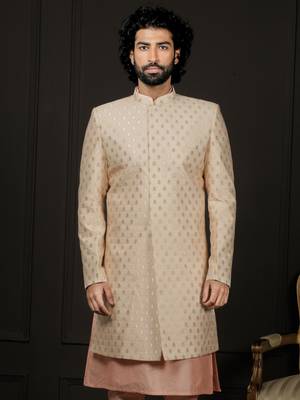 Men'S Peach Silk Blend Sherwani Only Top 1