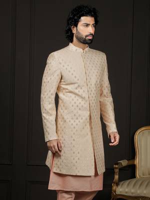Men'S Peach Silk Blend Sherwani Only Top 2