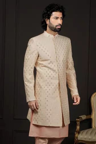 Men'S Peach Silk Blend Sherwani Only Top
