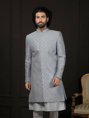Men'S Aqua Silk Blend Sherwani Only Top 1