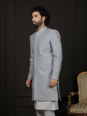 Men'S Aqua Silk Blend Sherwani Only Top 2