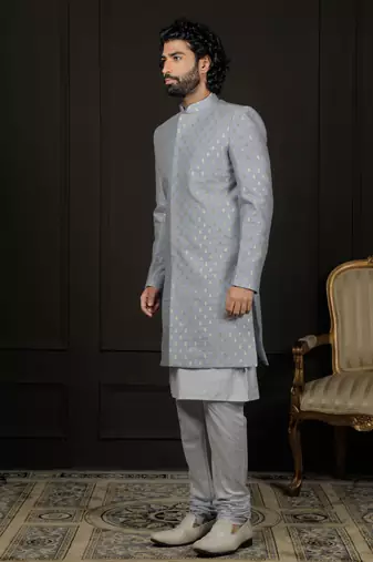 Aqua And Powder Blue Viscose Sherwani Set
