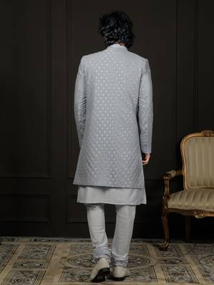 Aqua And Powder Blue Viscose Sherwani Set 3
