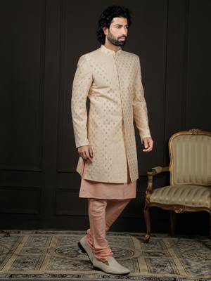 Men'S Peach Viscose Sherwani Set 2