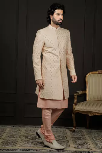 Men'S Peach Viscose Sherwani Set