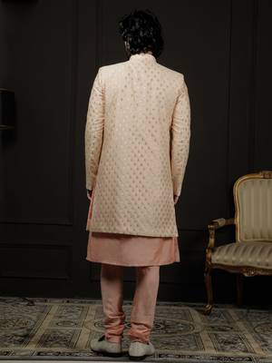 Men'S Peach Viscose Sherwani Set 3
