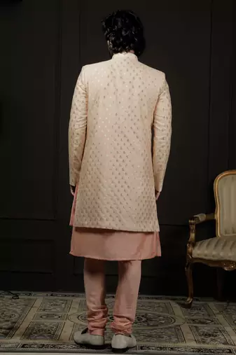 Men'S Peach Viscose Sherwani Set