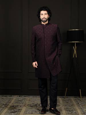Wine Silk Blend Sherwani Set 1