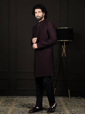 Wine Silk Blend Sherwani Set 2