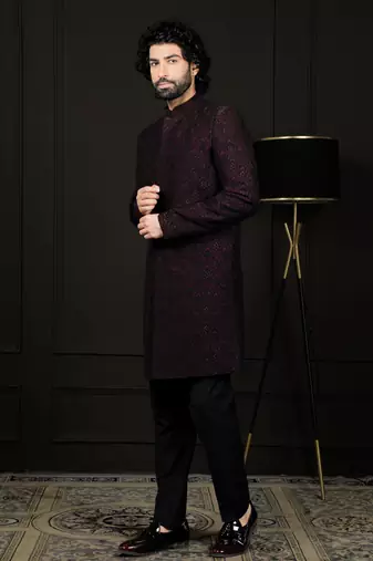 Wine Silk Blend Sherwani Set