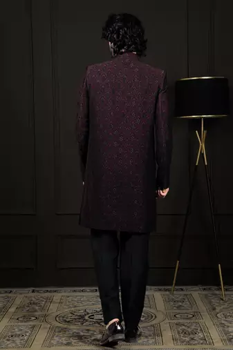 Wine Silk Blend Sherwani Set