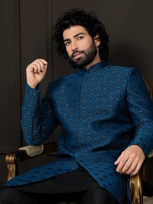 Blue Viscose Sherwani with Woven Work 1