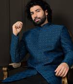 Blue Viscose Sherwani with Woven Work