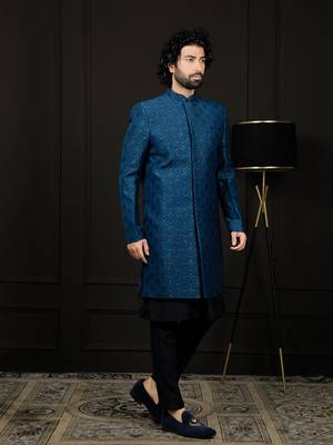 Blue Viscose Sherwani with Woven Work 2