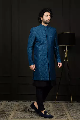 Blue Viscose Sherwani with Woven Work
