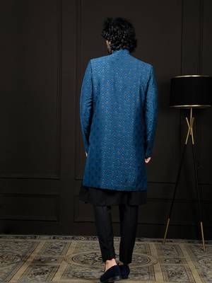 Blue Viscose Sherwani with Woven Work 3
