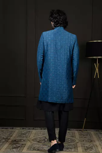 Blue Viscose Sherwani with Woven Work
