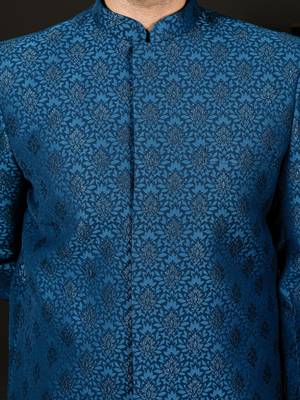 Blue Viscose Sherwani with Woven Work 4
