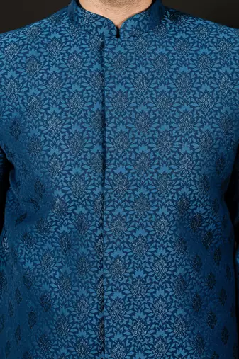 Blue Viscose Sherwani with Woven Work