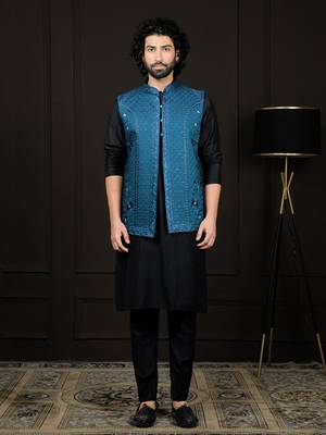 Black And Turquoise Viscose Jacket, Kurta And Pyjama Set 1