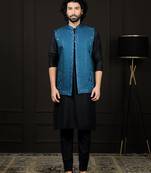 Black And Turquoise Viscose Jacket, Kurta And Pyjama Set