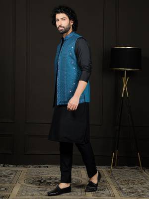 Black And Turquoise Viscose Jacket, Kurta And Pyjama Set 2
