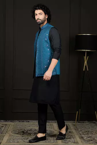 Black And Turquoise Viscose Jacket, Kurta And Pyjama Set