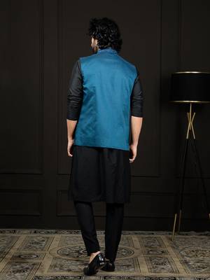 Black And Turquoise Viscose Jacket, Kurta And Pyjama Set 3