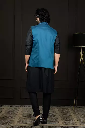 Black And Turquoise Viscose Jacket, Kurta And Pyjama Set
