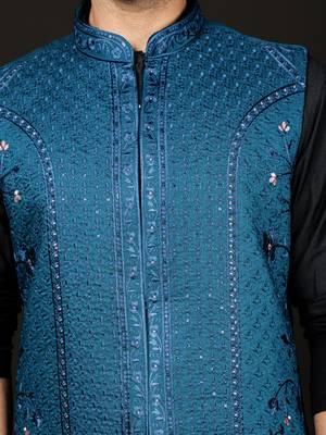 Black And Turquoise Viscose Jacket, Kurta And Pyjama Set 4