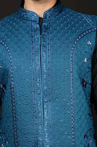 Black And Turquoise Viscose Jacket, Kurta And Pyjama Set