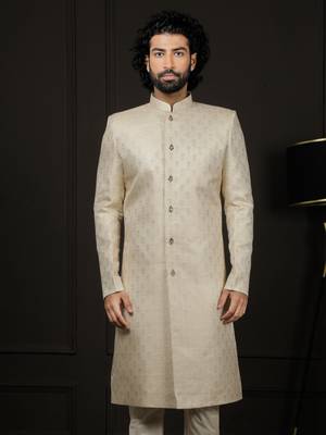 Men'S Gold Silk Blend Sherwani Only Top 1