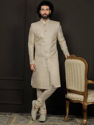 Gold Silk Blend Sherwani Set for Men 1