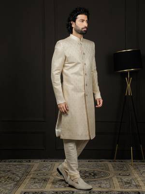 Gold Silk Blend Sherwani Set for Men 2