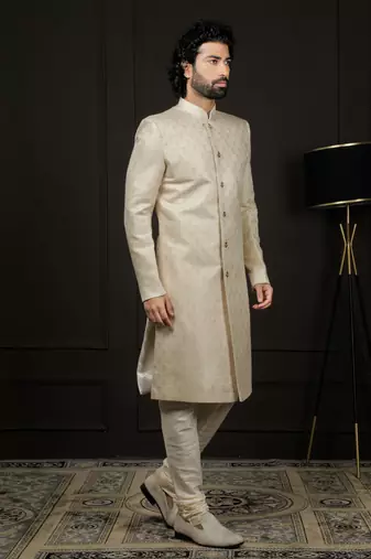 Gold Silk Blend Sherwani Set for Men