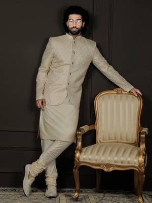 Gold And Cream Viscose Jodhpuri, Kurta And Pyjama Set 1