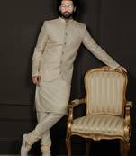 Gold And Cream Viscose Jodhpuri, Kurta And Pyjama Set