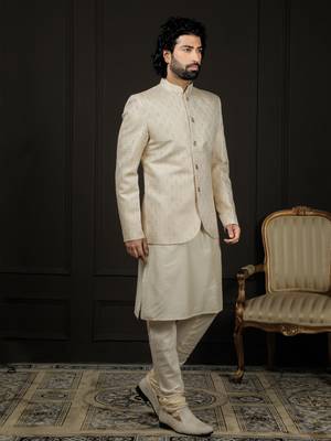Gold And Cream Viscose Jodhpuri, Kurta And Pyjama Set 2